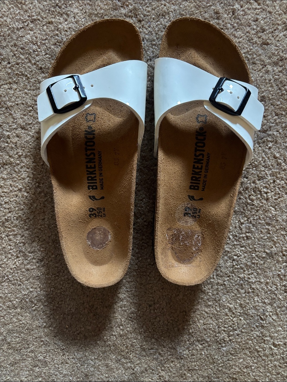 Birkenstock White Single Strap Sandals with Black Buckles